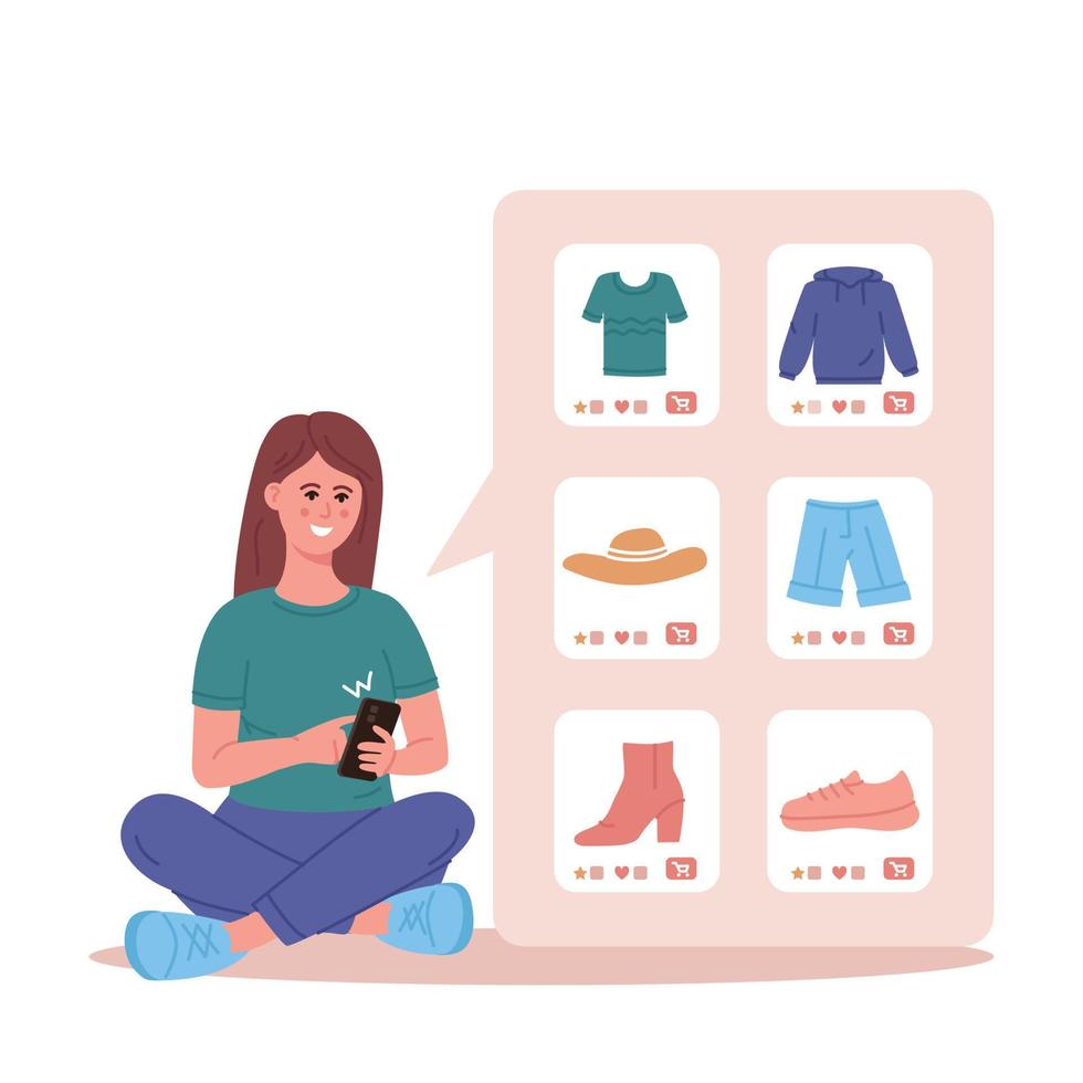 mobiel winkelconcept. een vrouw koopt dingen in de online winkel. vector