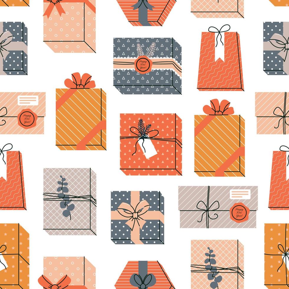 Kerstmis en gelukkig nieuwjaar naadloze patroon met geschenkdozen op een witte achtergrond. vector