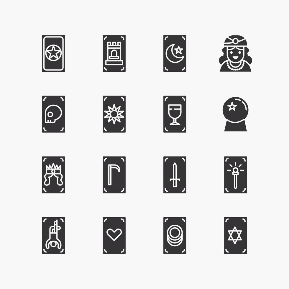 bundel van tarotkaarten platte zwarte iconen collectie. eenvoudig ontwerp vector