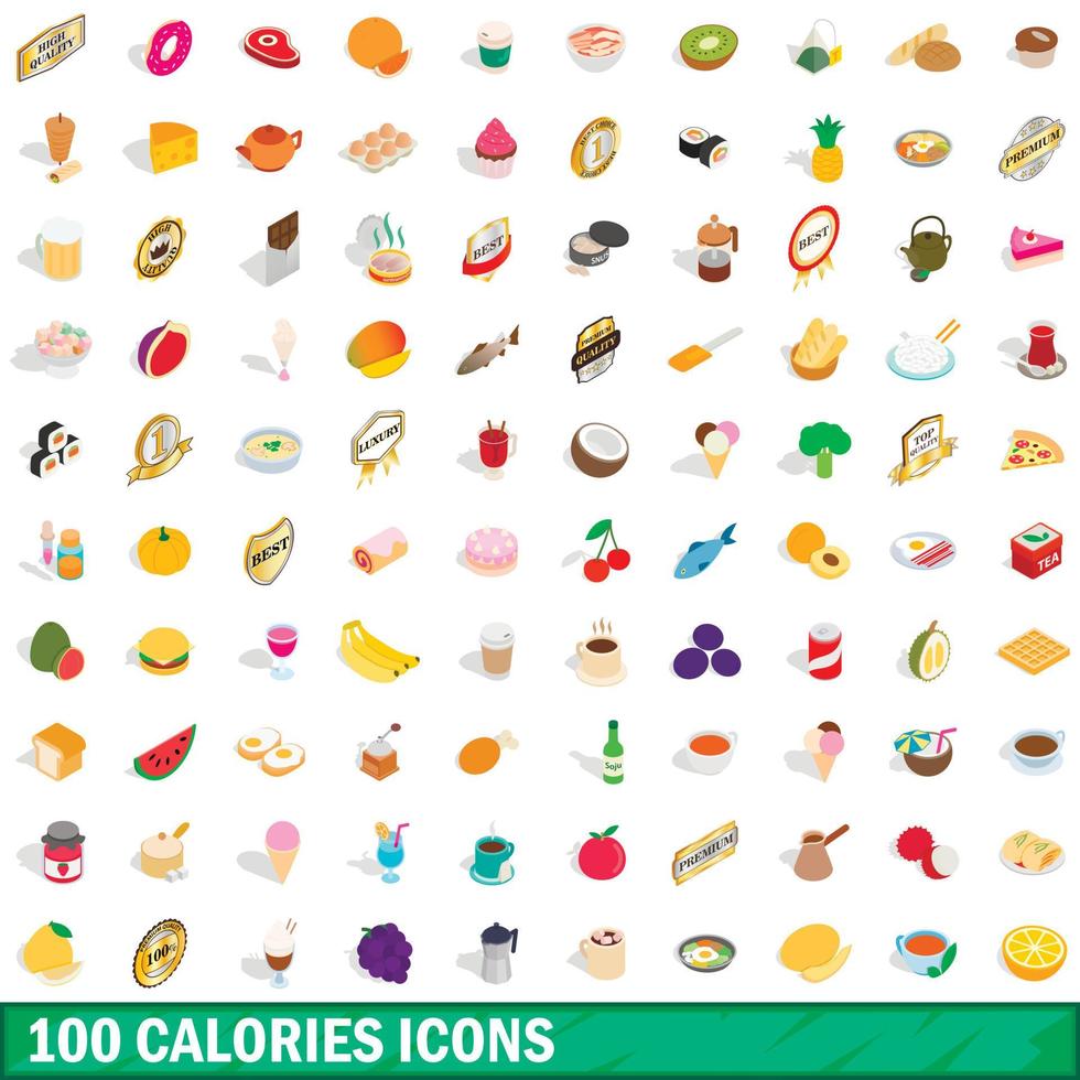 100 calorieën iconen set, isometrische 3D-stijl vector