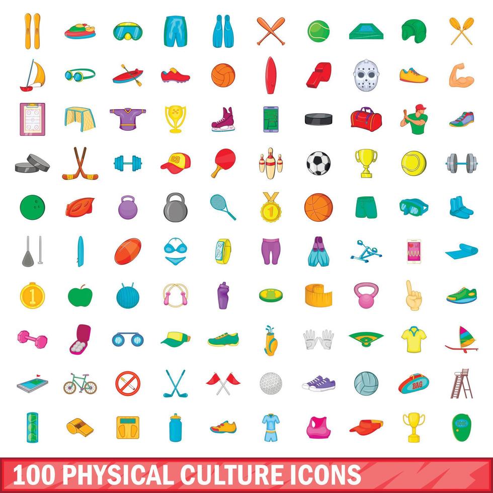 100 fysieke cultuur iconen set, cartoon stijl vector