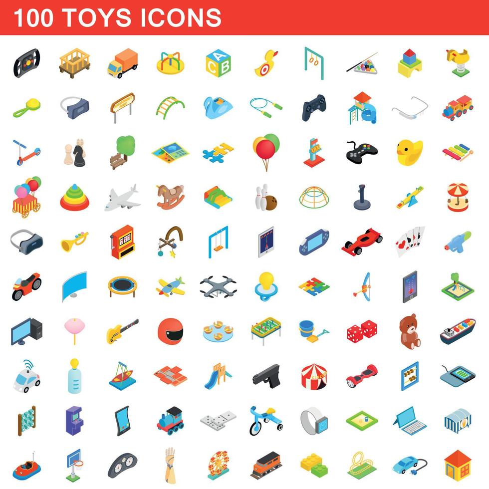 100 speelgoed iconen set, isometrische 3D-stijl vector