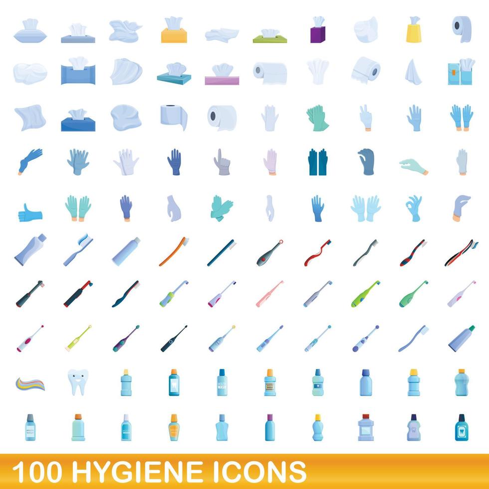 100 hygiëne iconen set, cartoon stijl vector