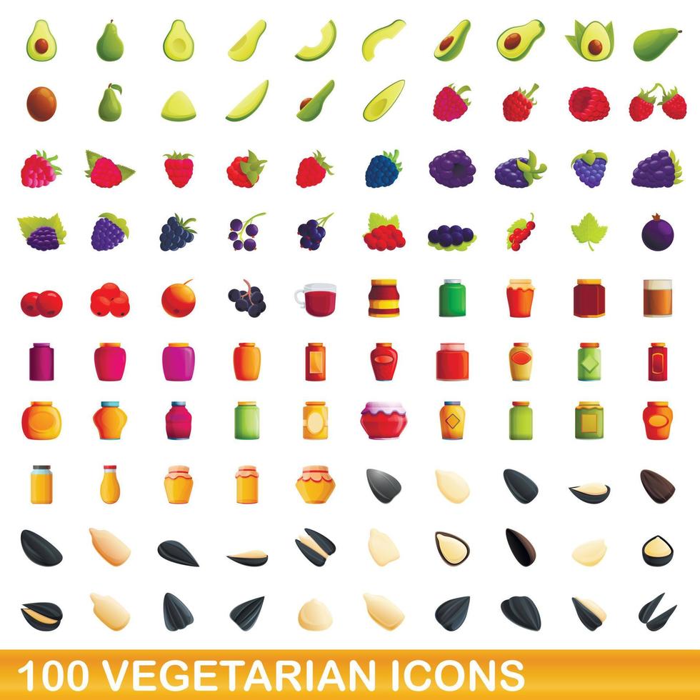 100 vegetarische iconen set, cartoon stijl vector