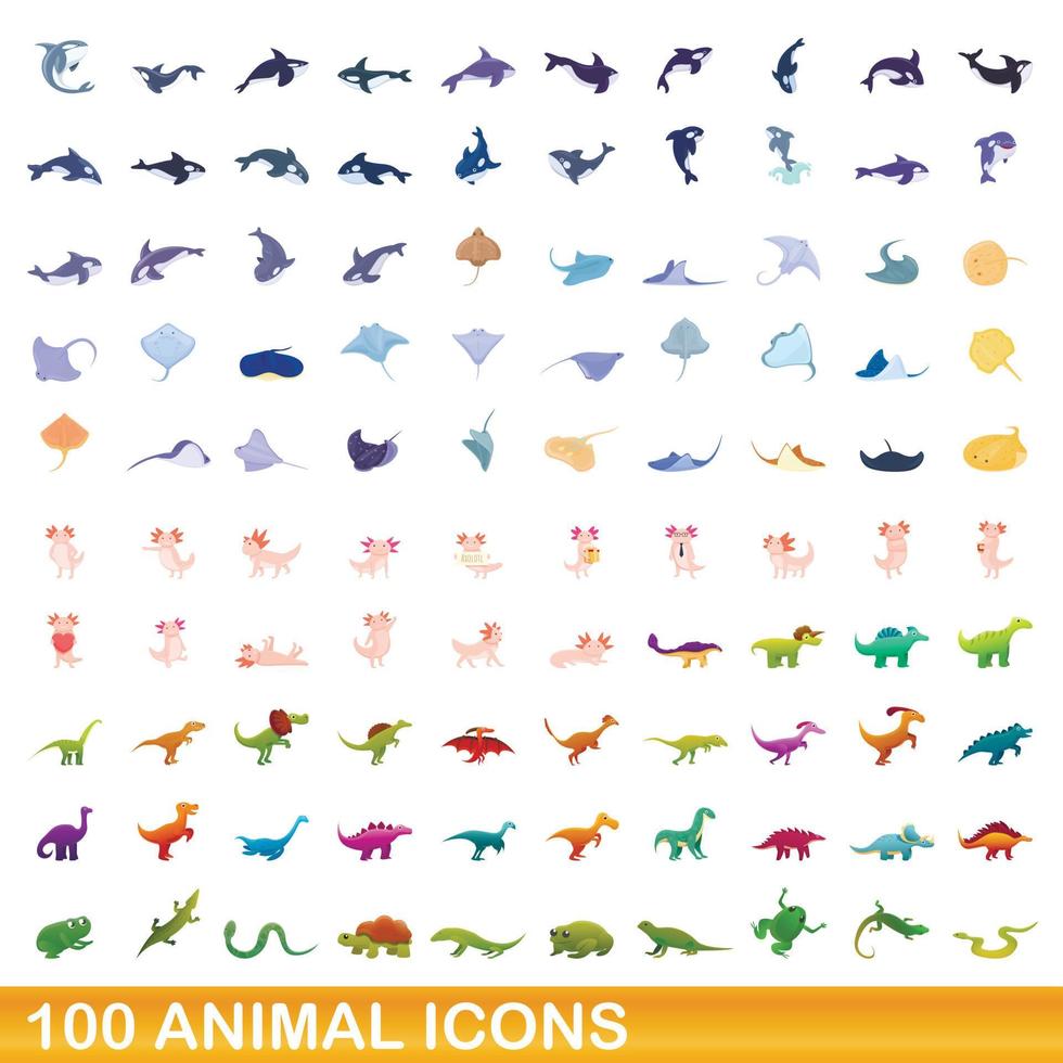 100 dieren iconen set, cartoon stijl vector