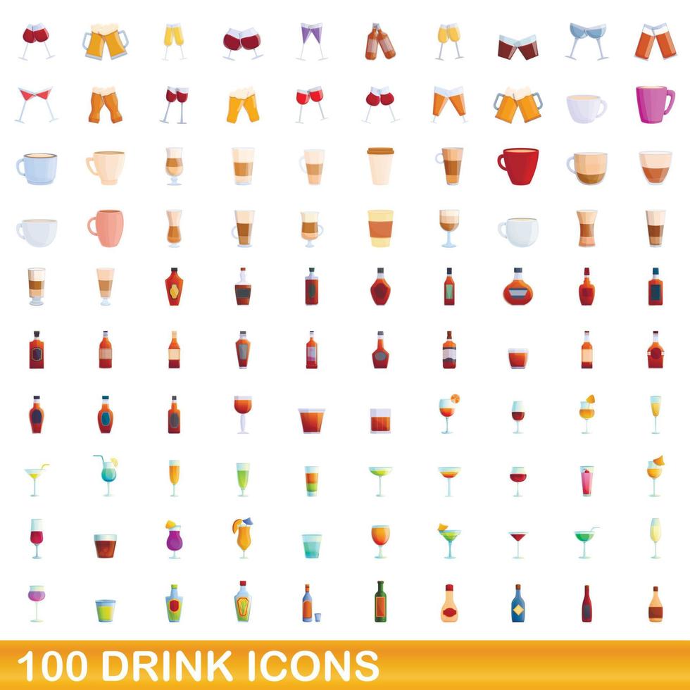 100 drank iconen set, cartoon stijl vector