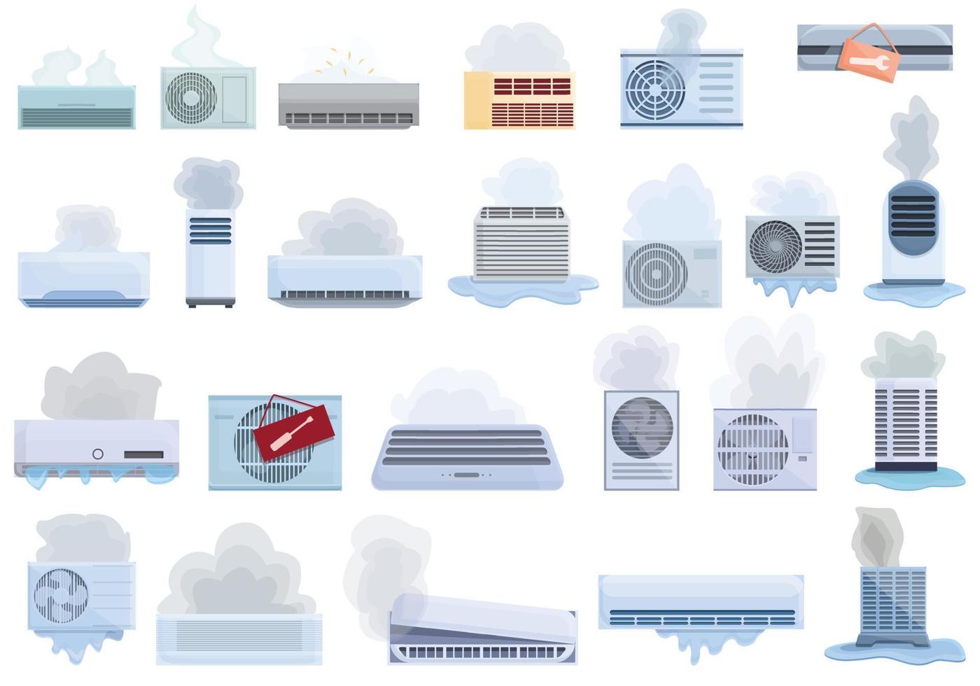 reparatie airconditioner iconen set, cartoon stijl vector