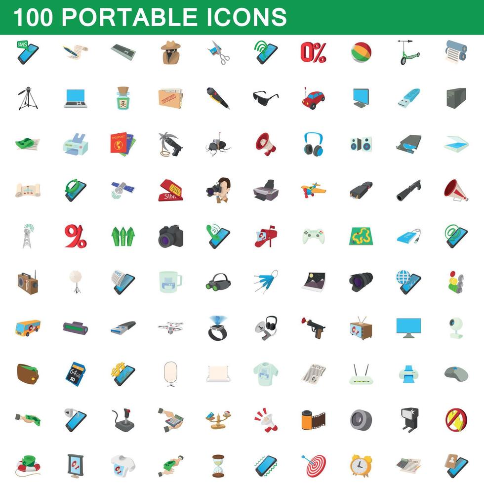 100 draagbare iconen set, cartoon stijl vector