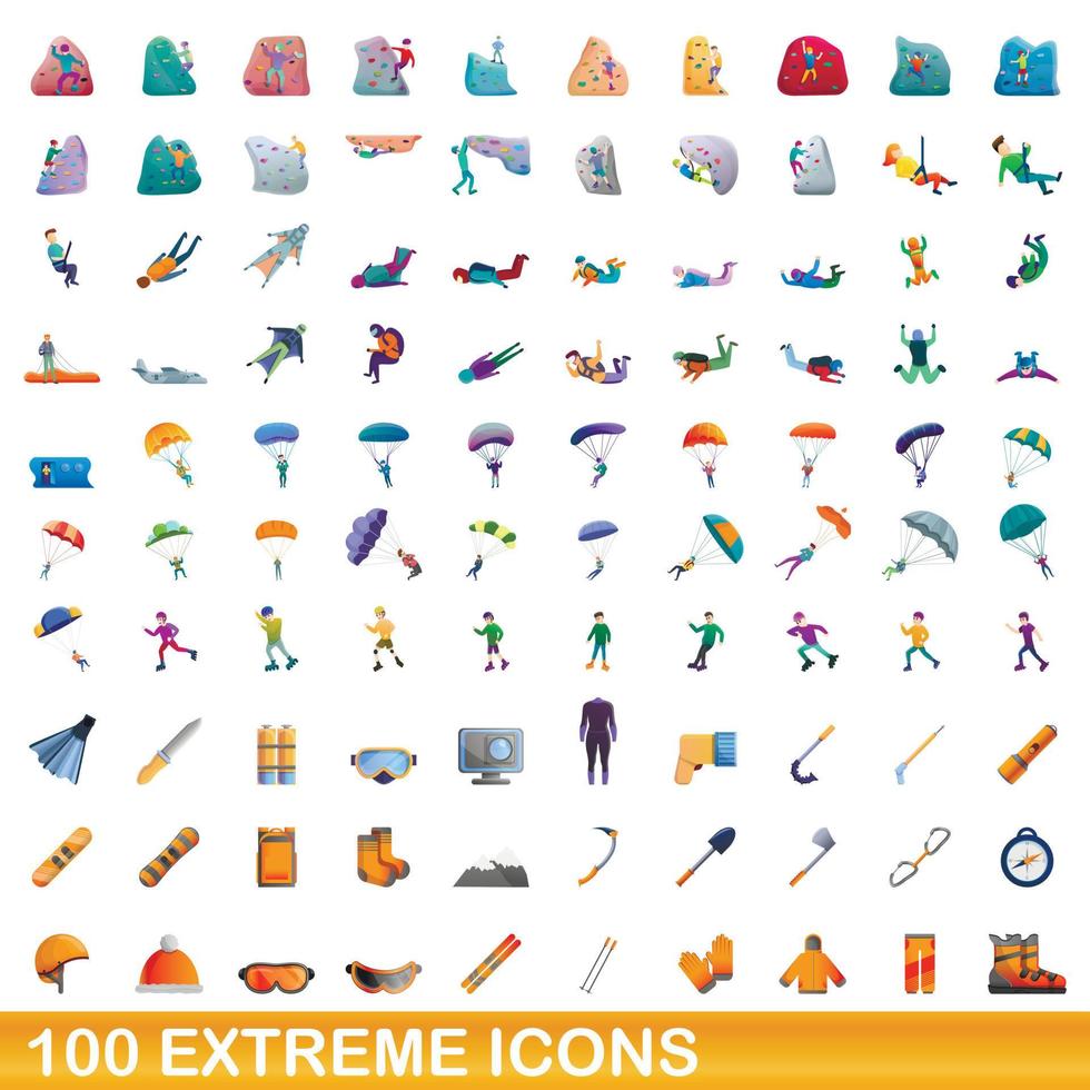 100 extreme iconen set, cartoon stijl vector