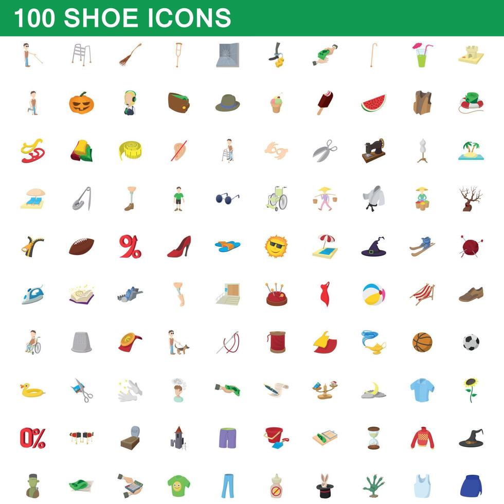100 schoen iconen set, cartoon stijl vector