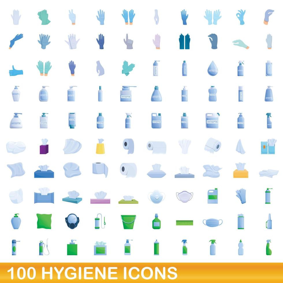 100 hygiëne iconen set, cartoon stijl vector