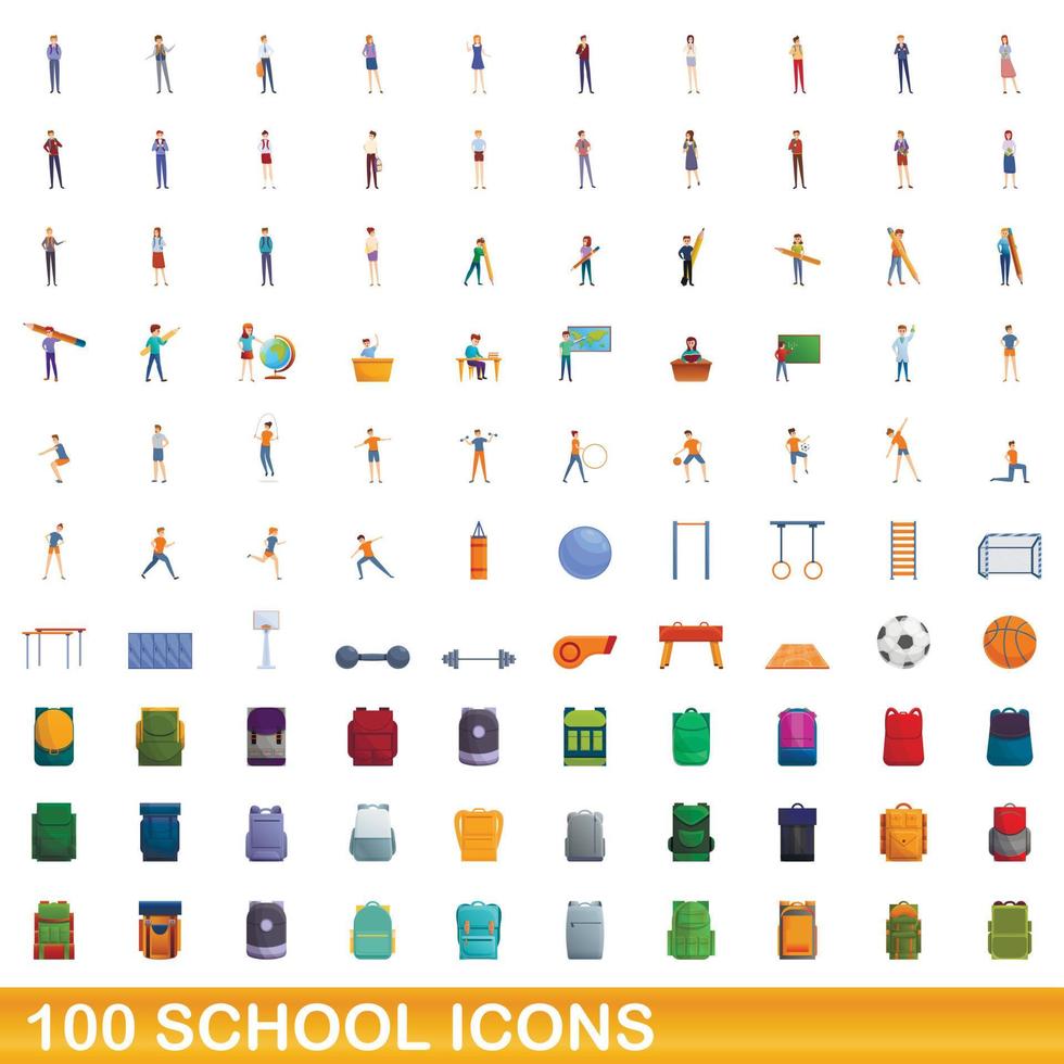 100 school iconen set, cartoon stijl vector