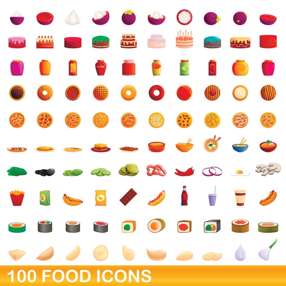 100 voedsel iconen set, cartoon stijl vector