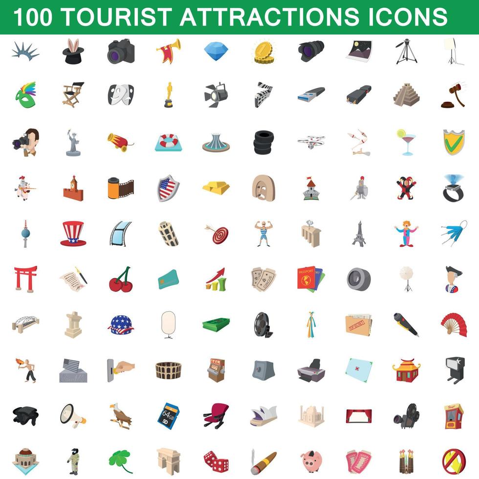 100 toeristische attracties iconen set, cartoon stijl vector