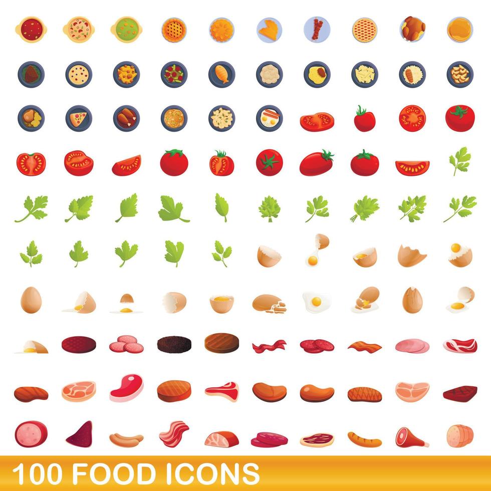 100 voedsel iconen set, cartoon stijl vector