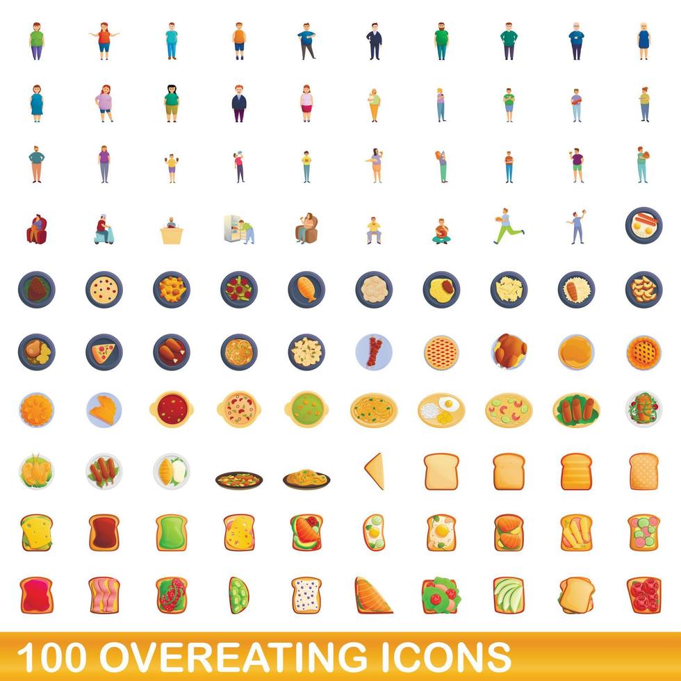 100 overeten iconen set, cartoon stijl vector