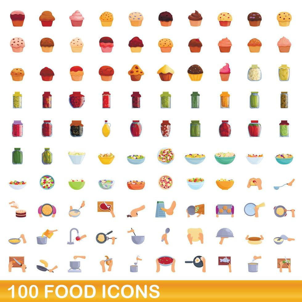 100 voedsel iconen set, cartoon stijl vector