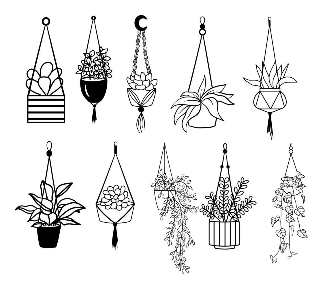 handgetekende hangende kamerplanten. zwarte silhouetten van verschillende planten in potten. vectorillustratie geïsoleerd op een witte achtergrond vector