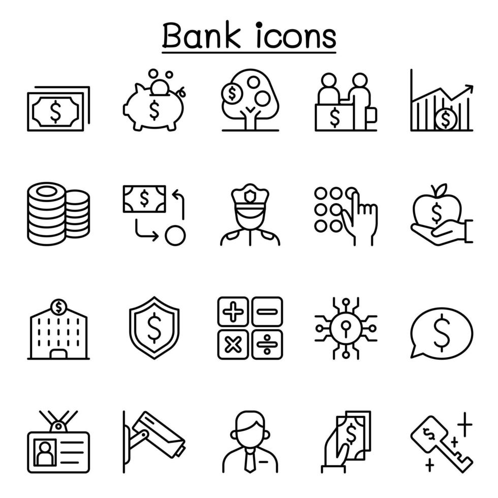 geld en bankieren pictogrammenset in dunne lijnstijl vector