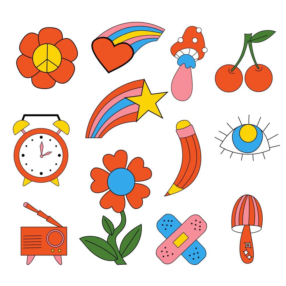 leuke funky hippiestickers. retro set van psychedelische groovy elementen uit de jaren 70 en 80. vector clipart vintage hippie stijl, cartoon funky mushroos en bloem, rolschaatsen, bus, retro telefoon en pleister.