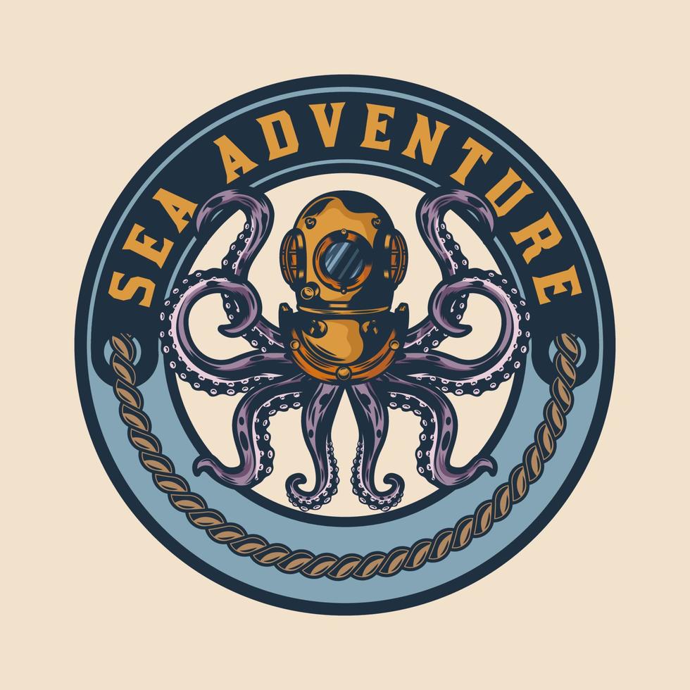 octopus in duikhelm zee avontuur badge vector