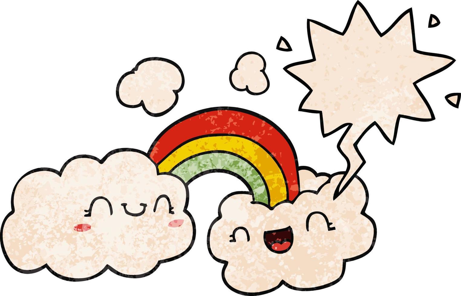 happy cartoon wolken en regenboog en tekstballon in retro textuurstijl vector