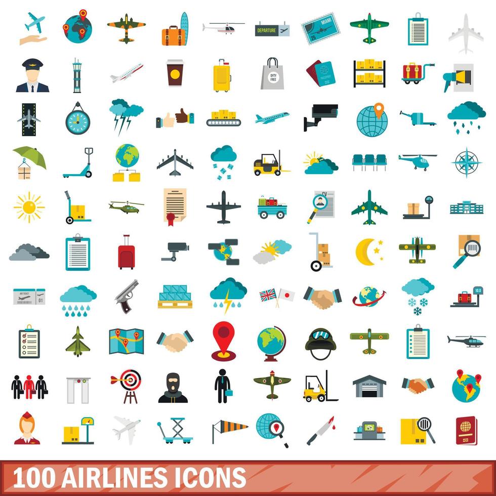 100 luchtvaartmaatschappijen iconen set, vlakke stijl vector