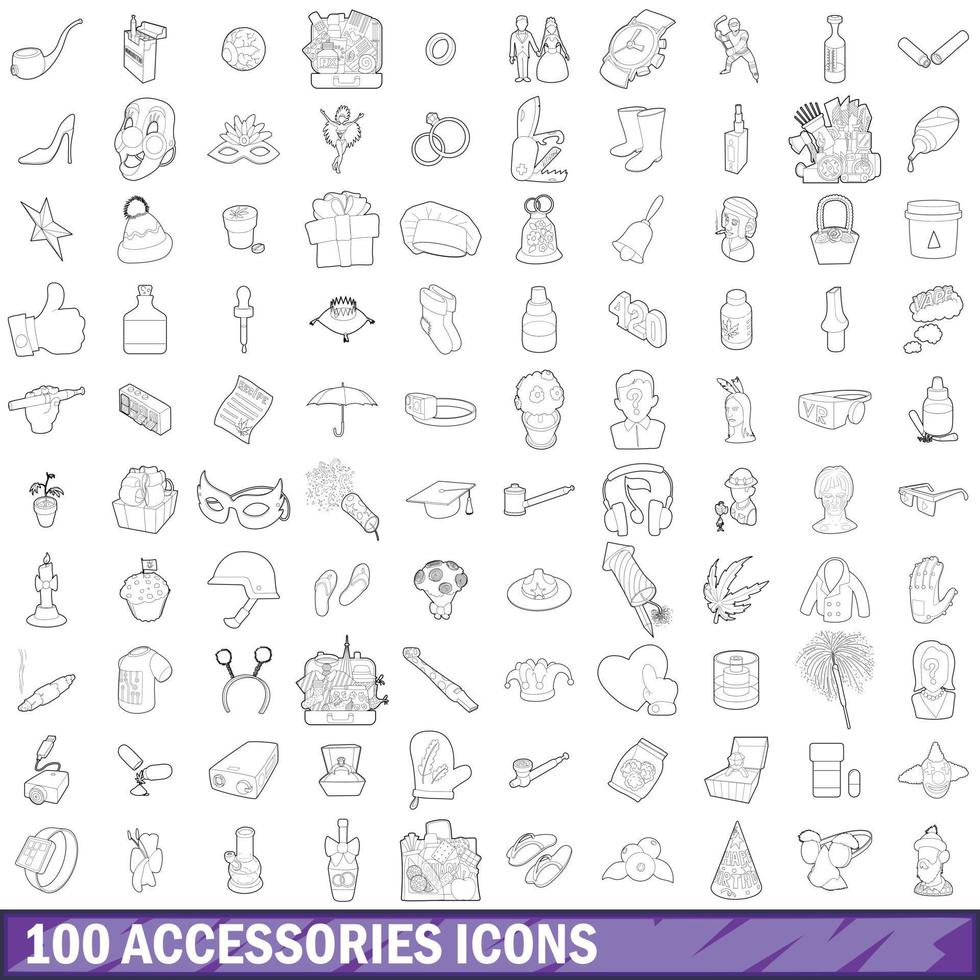 100 accessoires iconen set, Kaderstijl vector