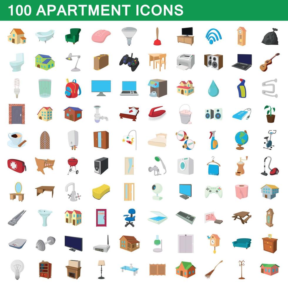 100 appartement iconen set, cartoon stijl vector