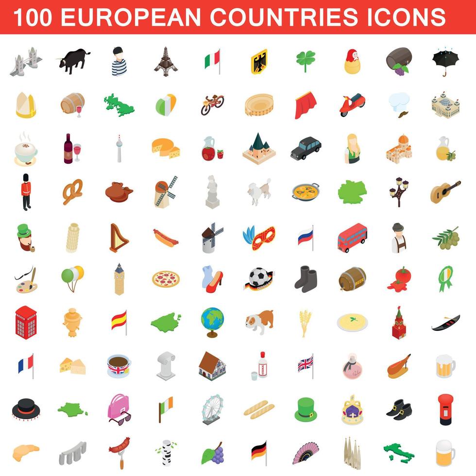 100 Europese landen iconen set, isometrische stijl vector