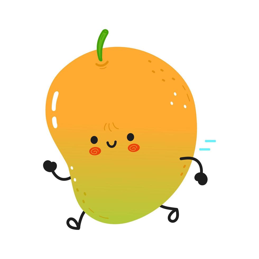 leuke grappige lopende mango. vector hand getekend cartoon kawaii karakter illustratie pictogram. geïsoleerd op een witte achtergrond. lopend mango-concept