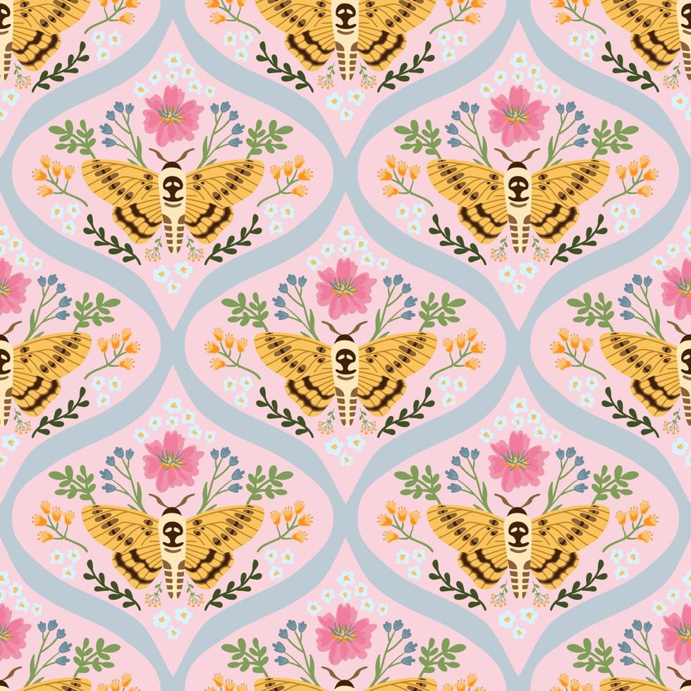vlinder en bloemen zomer vector naadloze patroon. damast bloementextuur in retro stijl. hand getekend schattig ontwerp voor stof of behang.