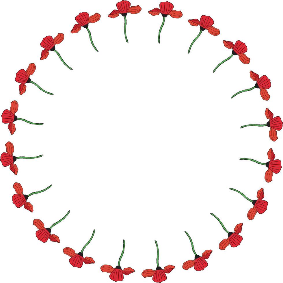 rond frame met verticale rode papaver. geïsoleerde krans met bloemen op een witte achtergrond. vector afbeelding.