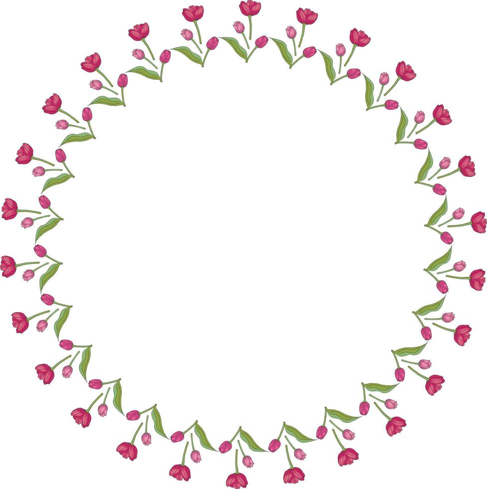 ronde frame met verticale mooie roze tulpen op witte achtergrond. geïsoleerd frame van bloemen voor uw ontwerp. vector