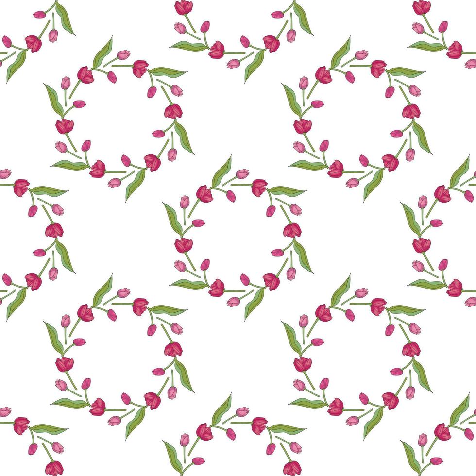naadloze achtergrond met ronde frames van horizontale roze tulpen op witte achtergrond. eindeloze bloemenachtergrond voor uw ontwerp. vector
