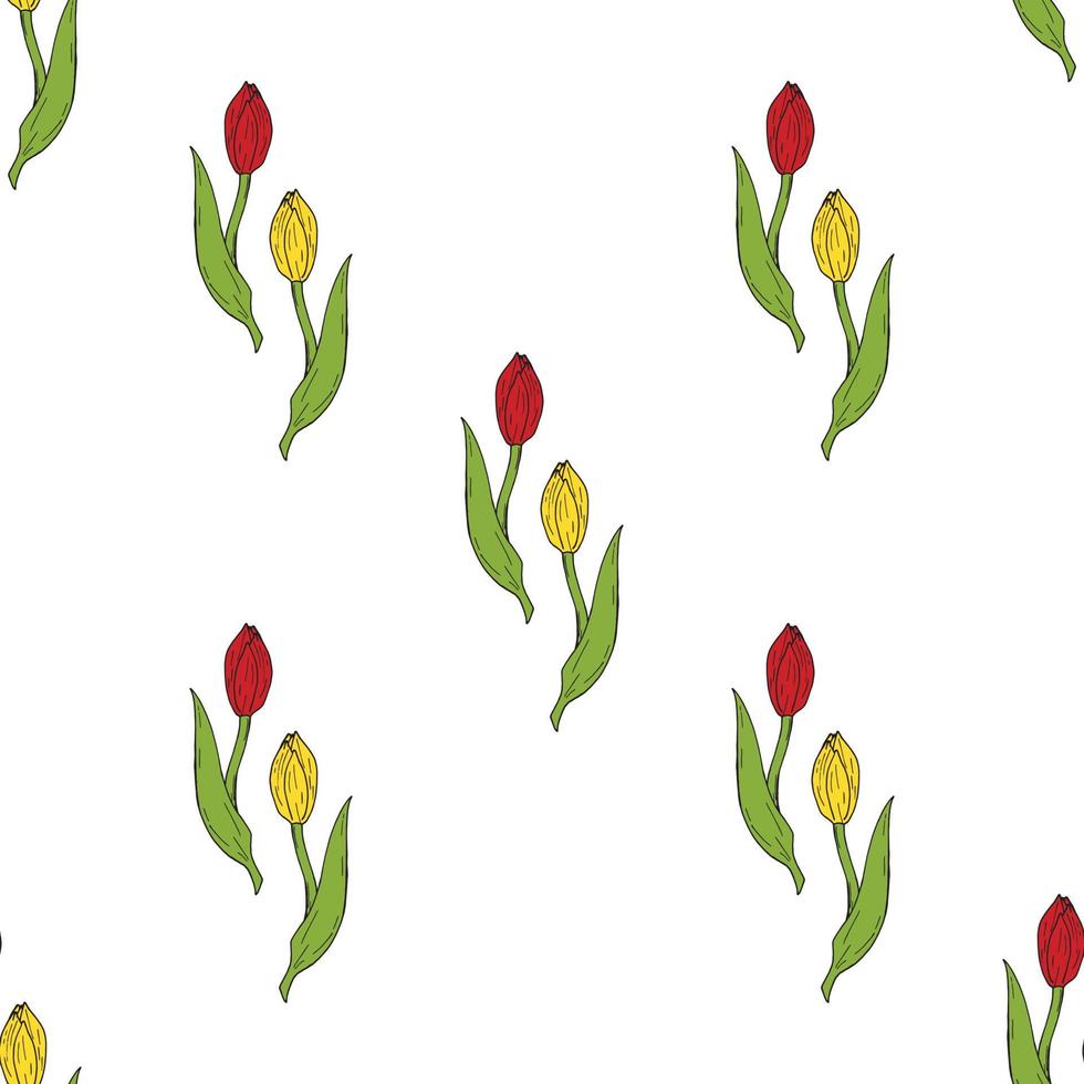 naadloze achtergrond van mooie rode en gele tulpen. eindeloos patroon met bloemen voor uw ontwerp. vector