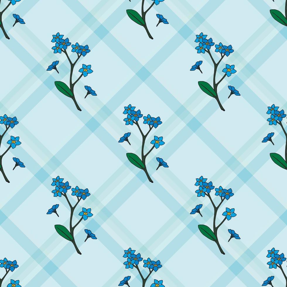 naadloos patroon met vergeet-mij-nietjes op blauw geruite achtergrond. eindeloos patroon met bloemen voor uw ontwerp. vector