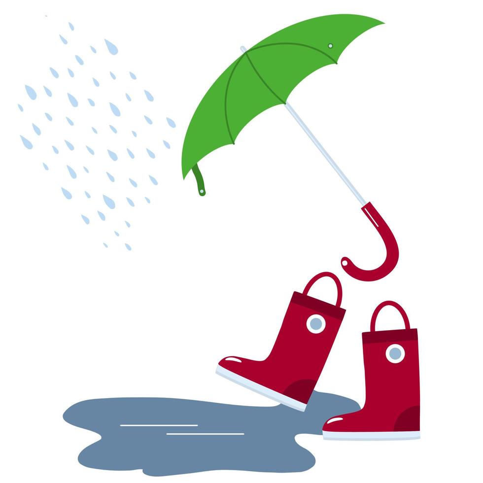 rubberen laarzen en paraplu bij regenachtig weer plas regendruppels vector