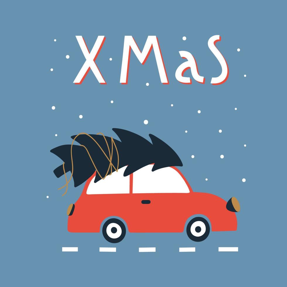 prettige kerstdagen en gelukkig nieuwjaar wenskaart met schattige rode auto en kerstboom. hand getekende ontwerpsjabloon voor briefkaart, poster, uitnodiging. vectorillustratie. vector