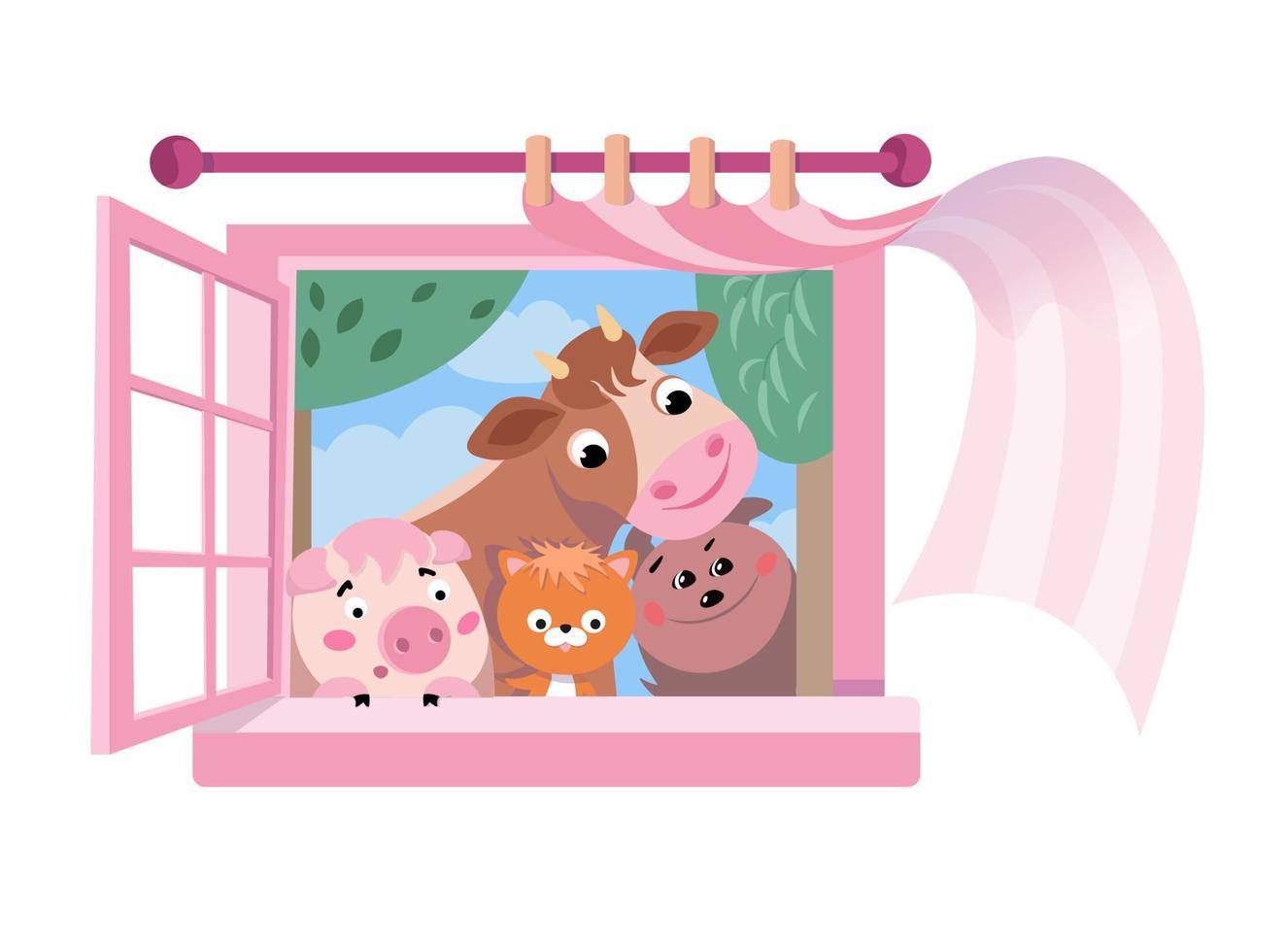 schattige boerderijdieren kijken kamer met open raam in. vector kleur illustratie in cartoon-stijl. afbeelding voor het ontwerpen van posters, games, boeken, puzzels.