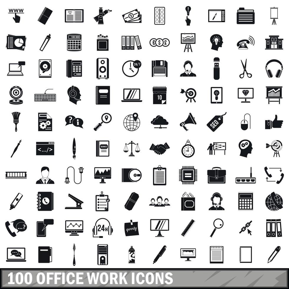 100 kantoorwerk iconen set, eenvoudige stijl vector