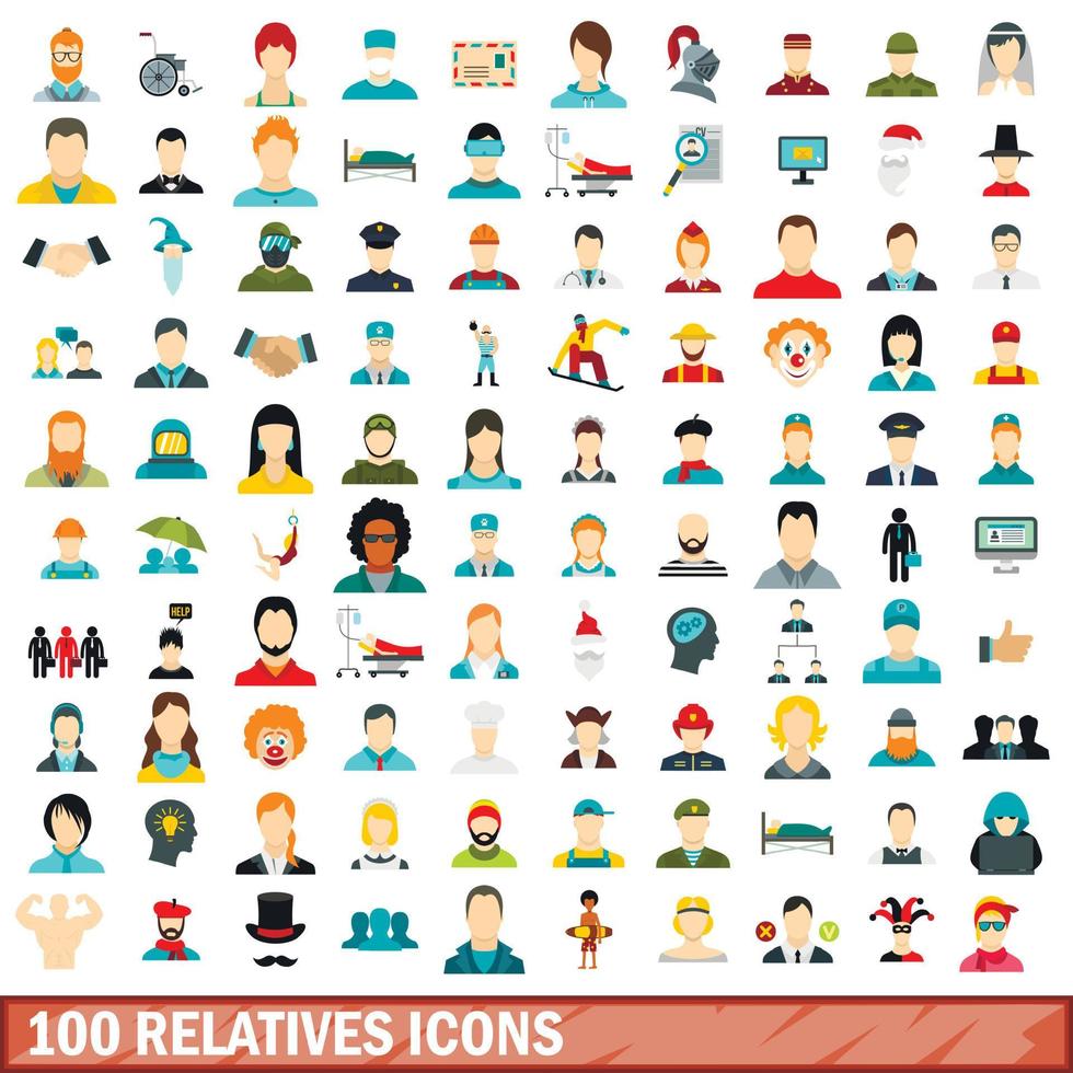 100 familieleden iconen set, vlakke stijl vector