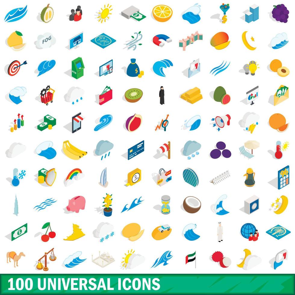 100 universele iconen set, isometrische 3D-stijl vector