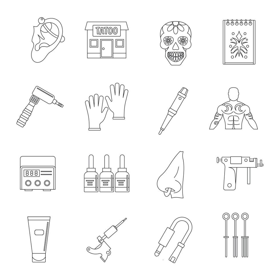 tattoo salon iconen set, Kaderstijl vector