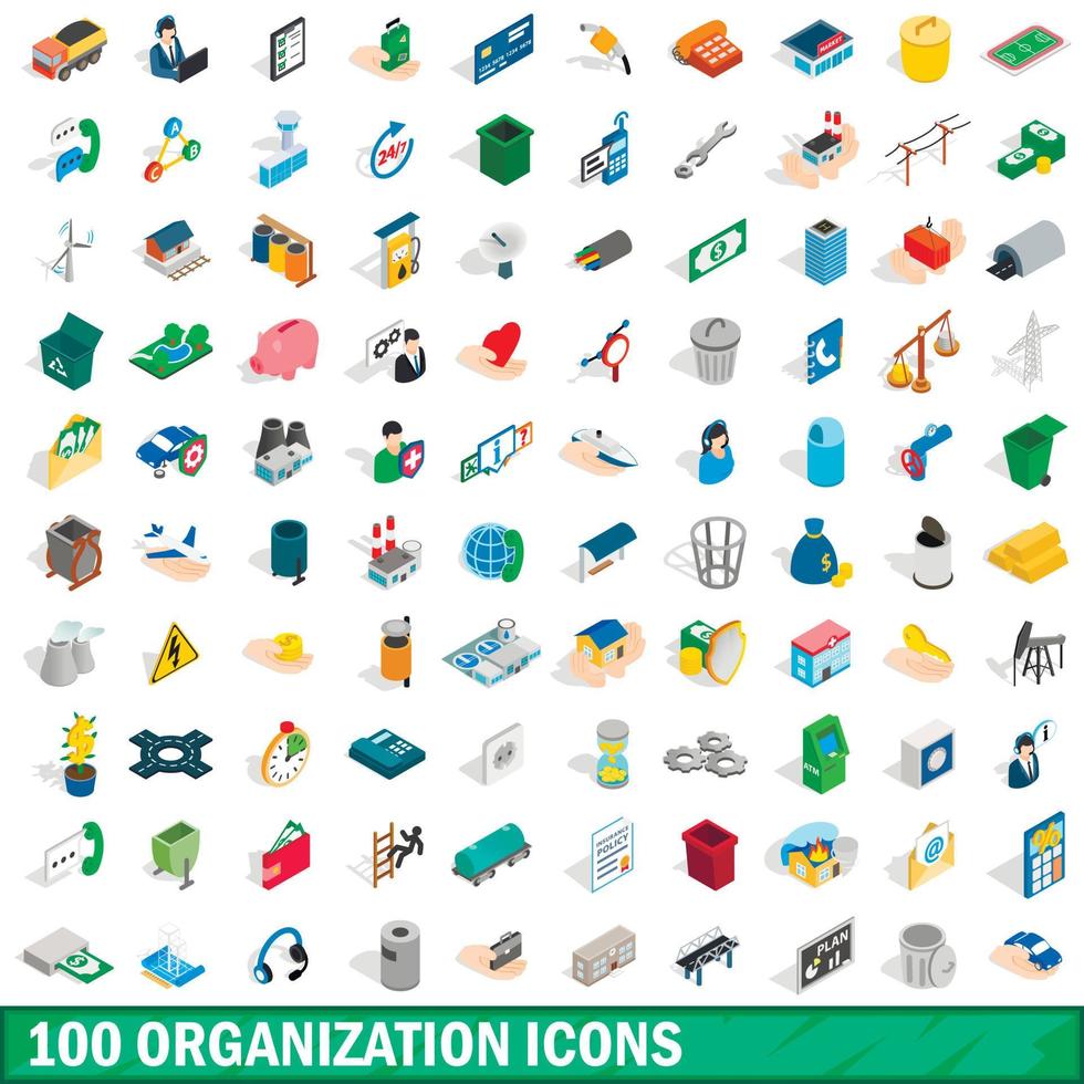 100 organisatie iconen set, isometrische 3D-stijl vector