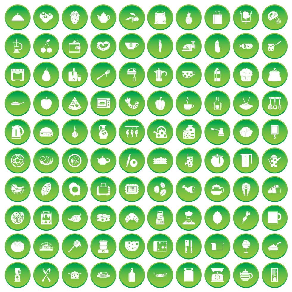 100 kookpictogrammen instellen groene cirkel vector