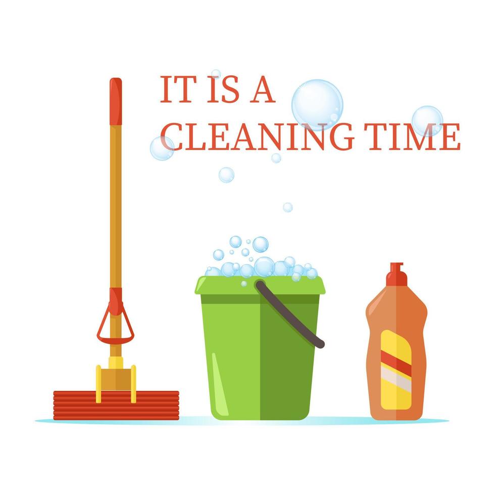 set gereedschappen voor het schoonmaken van huizen en kantoren. dweil, emmer om te wassen, reinigingsmiddel in fles. huishoudelijke apparatuur, huishoudelijke chemicaliën. sms het is een schoonmaaktijd vector