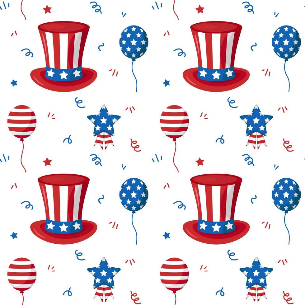 vector naadloos patroon voor de dag van de onafhankelijkheid van de vs. Amerikaanse vlag. bakground met usa hoed en ballons. amerikaanse viering. Onafhankelijkheidsdag.