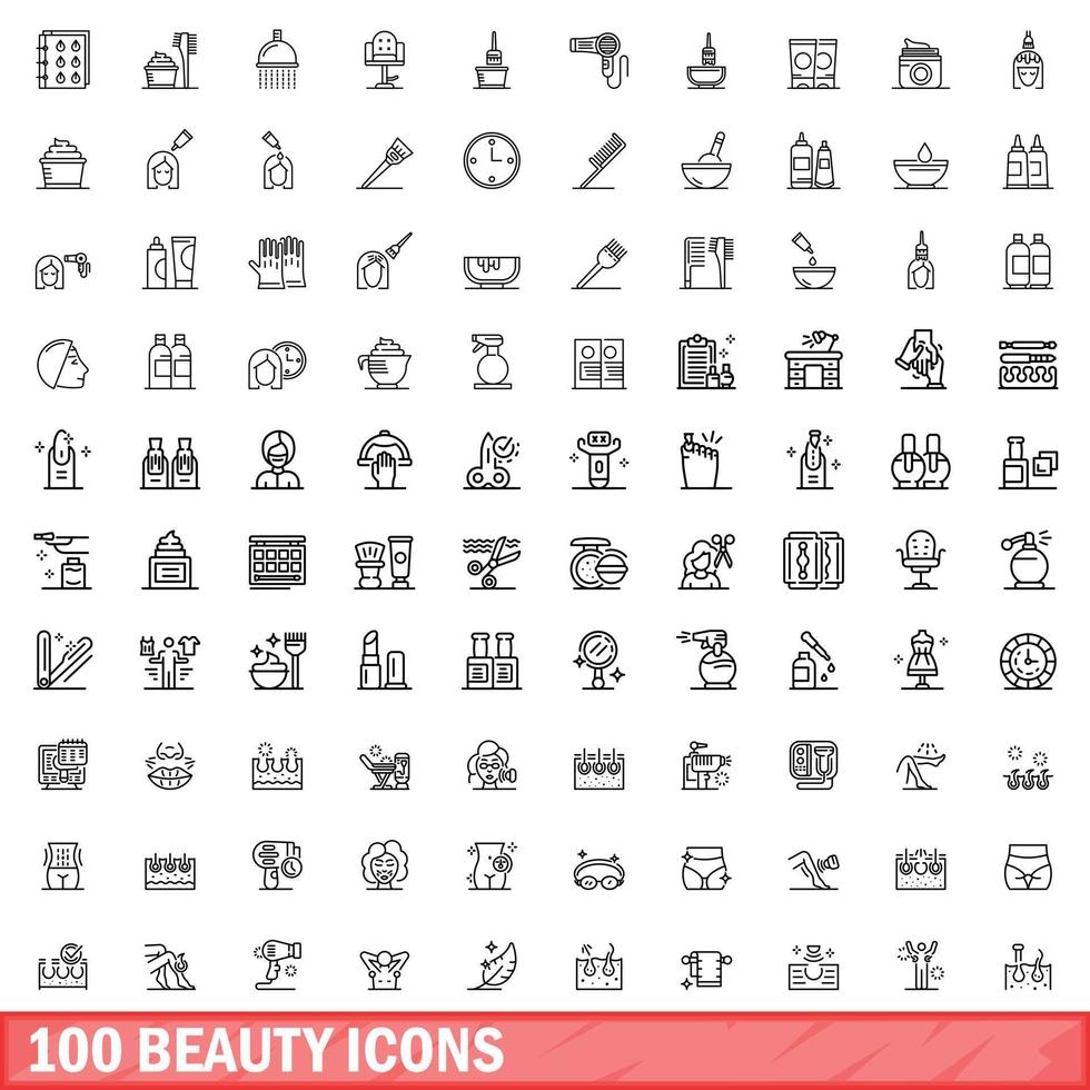 100 schoonheid iconen set, Kaderstijl vector