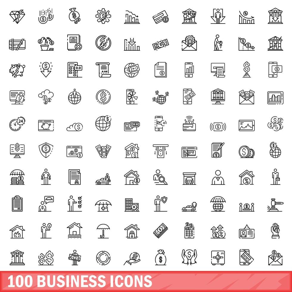 100 zakelijke iconen set, Kaderstijl vector